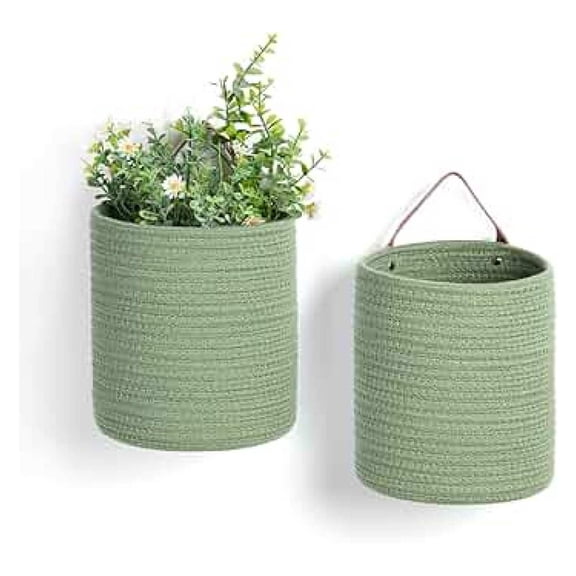 Hanging Basket with Handle - Set of 2 Small Woven Rope Baskets for Wall Decor - 7x8 Inch Fern Storage Organizer for Home, Living Room, Bedroom (Green)
