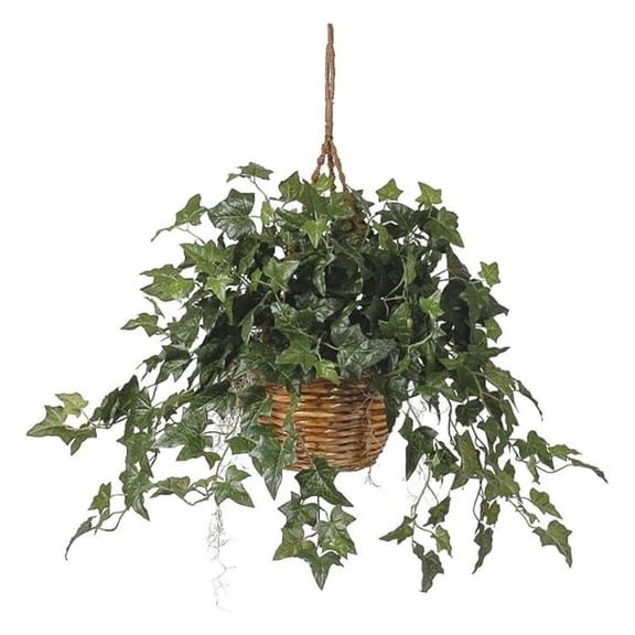 Hanging Basket Plant, 36x36x26 Inch, Silk English Bush - Emerald Green Foliage, Wicker Basket, Indoor Outdoor Decor