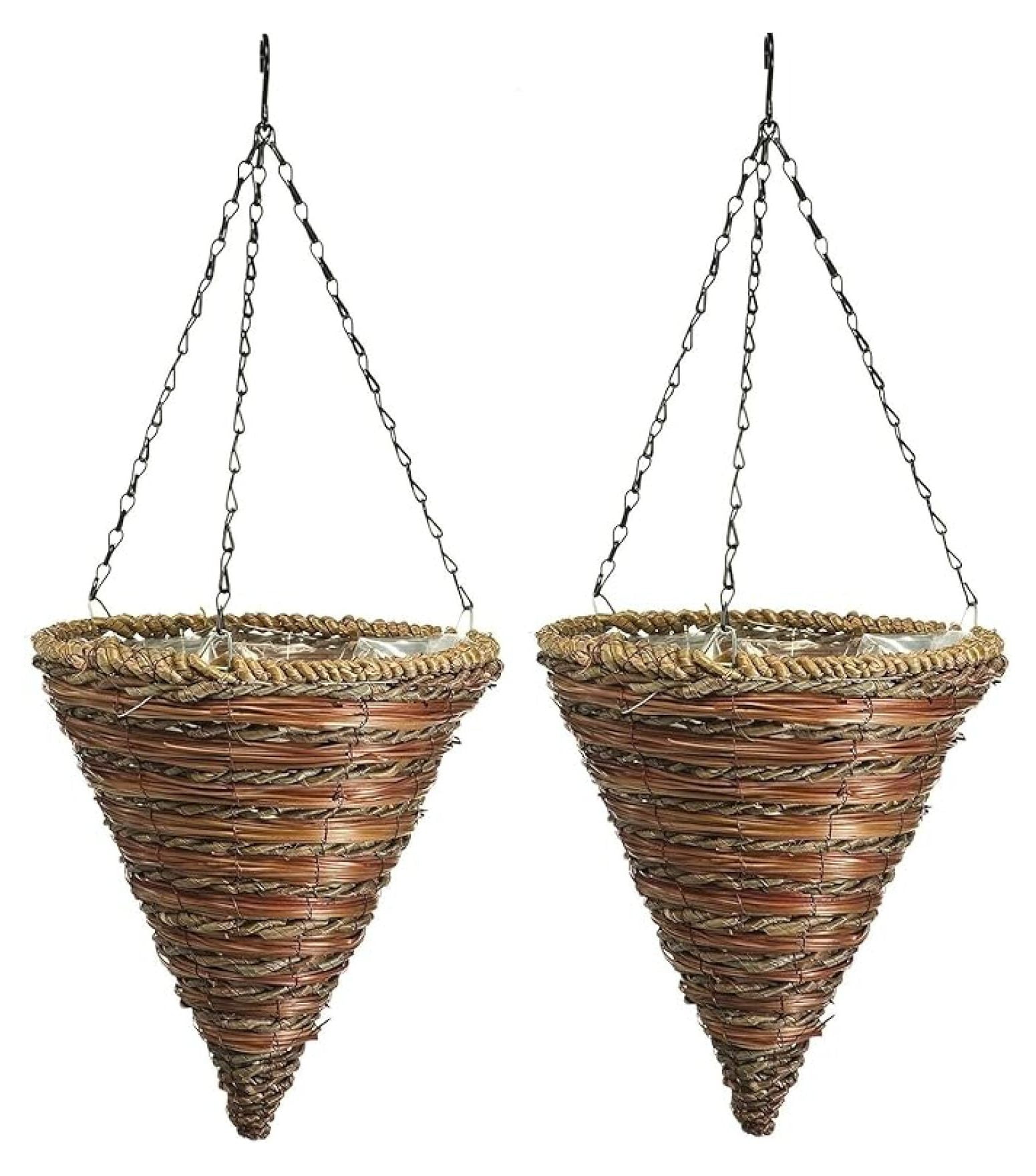Hanging Basket Planters 2-Pack - 12 Inch Rope & Fern Wicker Cone - Polyester Lined Hanging Planters for Indoor/Outdoor Plants - Chain Included