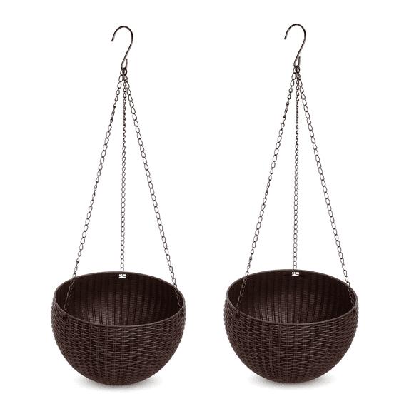 Hanging Basket Plastic Flower Pot Round Resin Garden Hanging Planter for Indoor Outdoor Plants 2 Pack Brown