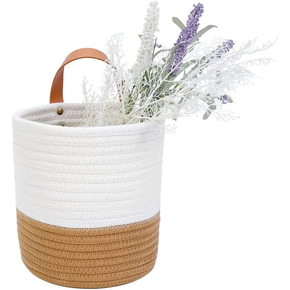 Hanging Basket - Wall Hanging Baskets for Organizing - Hanging Storage Woven Wall Basket - Small Wicker Wall Baskets for Wall Decor - Hanging Planter Baskets 6.3" x 7" (White and Brown)