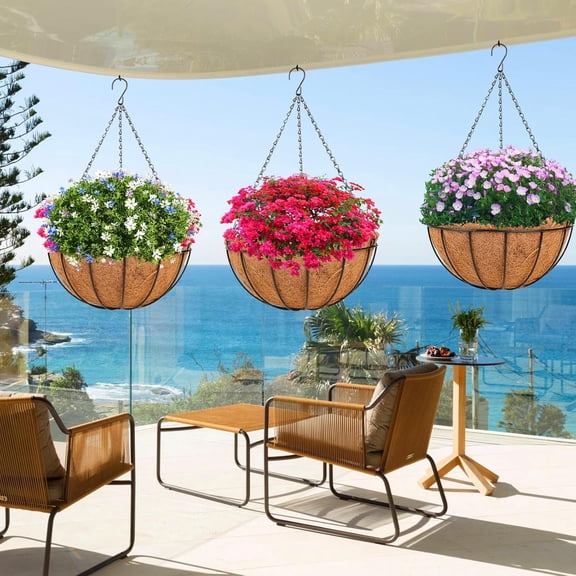 Hanging Basket with Natural Coconut Liner - 8 - Extra Strength Chain and Hook Included - Thick Coco Liner Hanging Planter for Less Watering