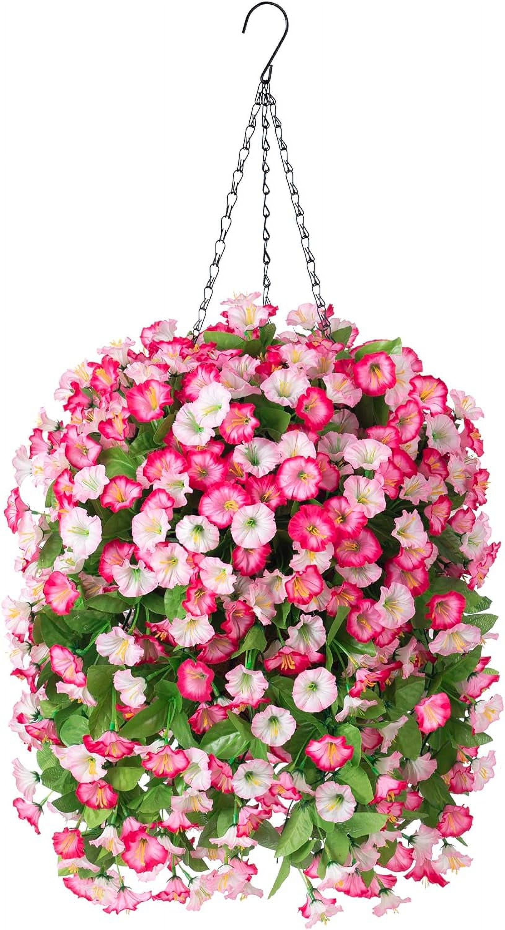 Hanging Baskets with Artificial Flowers for Plants Outdoor Indoor, Faux Silk Morning Glory Vines, Faux Green Plant Arrangement for Garden Patio Decoration(Darkorchid)