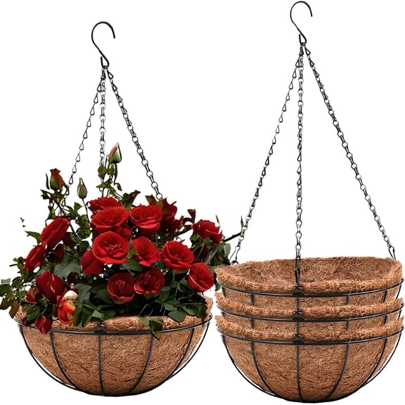 Hanging Baskets for Plants Outdoor(8 inch 4 Pack)- Coconut Coir Planters Outdoor, Metal Wire with Coco Liner, Pots Indoor, Flower Railings