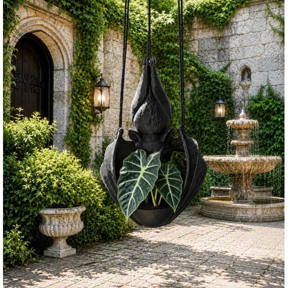 Hanging Bat Plant Pot, 6 Inch Solid Resin Gothic Bat Sculpture Planter, Upside-Down Bat Hug Design Hanging Pot for Home Living Room Balcony Courtyard Halloween Dark Decor