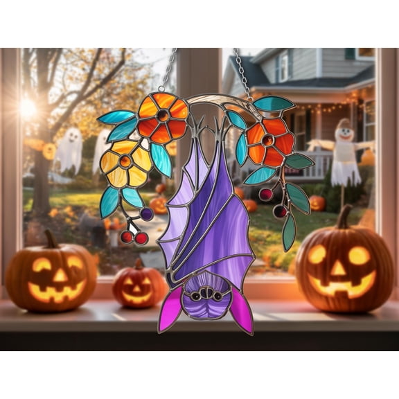 Hanging Bat Wavy Acrylic Suncatcher â€“ Cute Halloween Bat Window Decor â€“ Floral Gothic Bat Ornament â€“ Autumn Fall Bat Gift