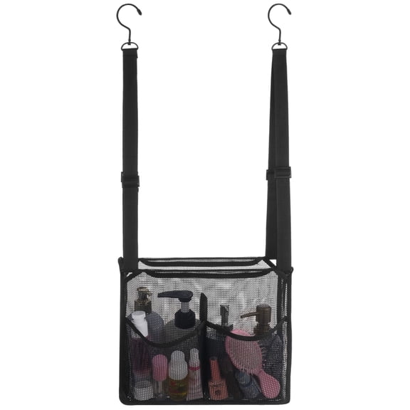 Adjustable Hanging Mesh Shower Caddy, 4 Storage Pockets Mesh Bathroom Organizer with 2 Metal Hooks, Breathable Hanging Storage Bag for Shower Gym RV Travel Small Spaces