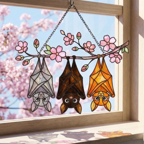 Hanging Bats Peach Blossom Acrylic Suncatcher Floral Window Decor Home Decor Window Hanging