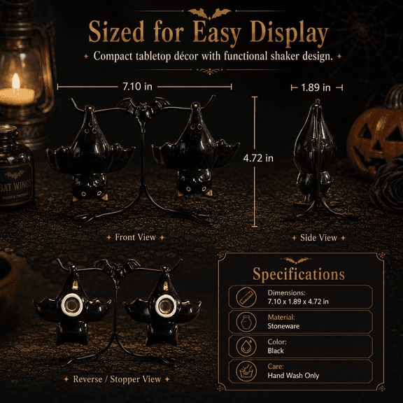 Hanging Bats Salt and Pepper Shaker Set with Display Stand, Black Stoneware Halloween Seasoning Holders, Spooky Tabletop Kitchen Dcor & Collectible Display
