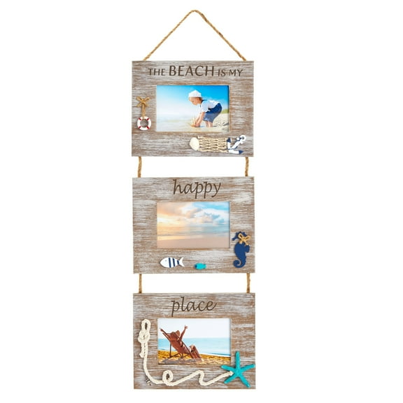 Juvale Beach Picture Frame 3-Photo Collage - Distressed Rustic Style & Coastal Decor - Versatile Display & Beach Hanging Decor - 9.25"x 29.5" x 0.25", Vertical, Wall Mount