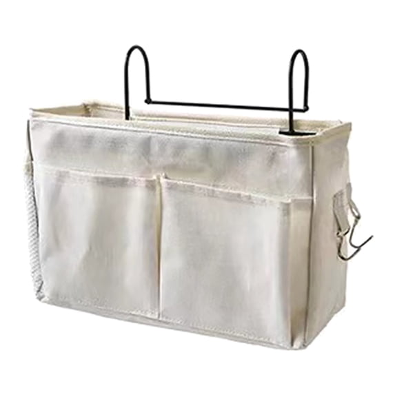 Hanging Bedside Caddy Organizer with Side Hooks & Pockets, Durable Bedside Storage for Dorm, Hospital Bed, Bedroom & Home Use(White,Regular)