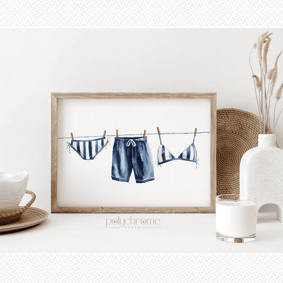Hanging Bikini And Swimming Trunks Navy Blue Summer Poster, Poster Only