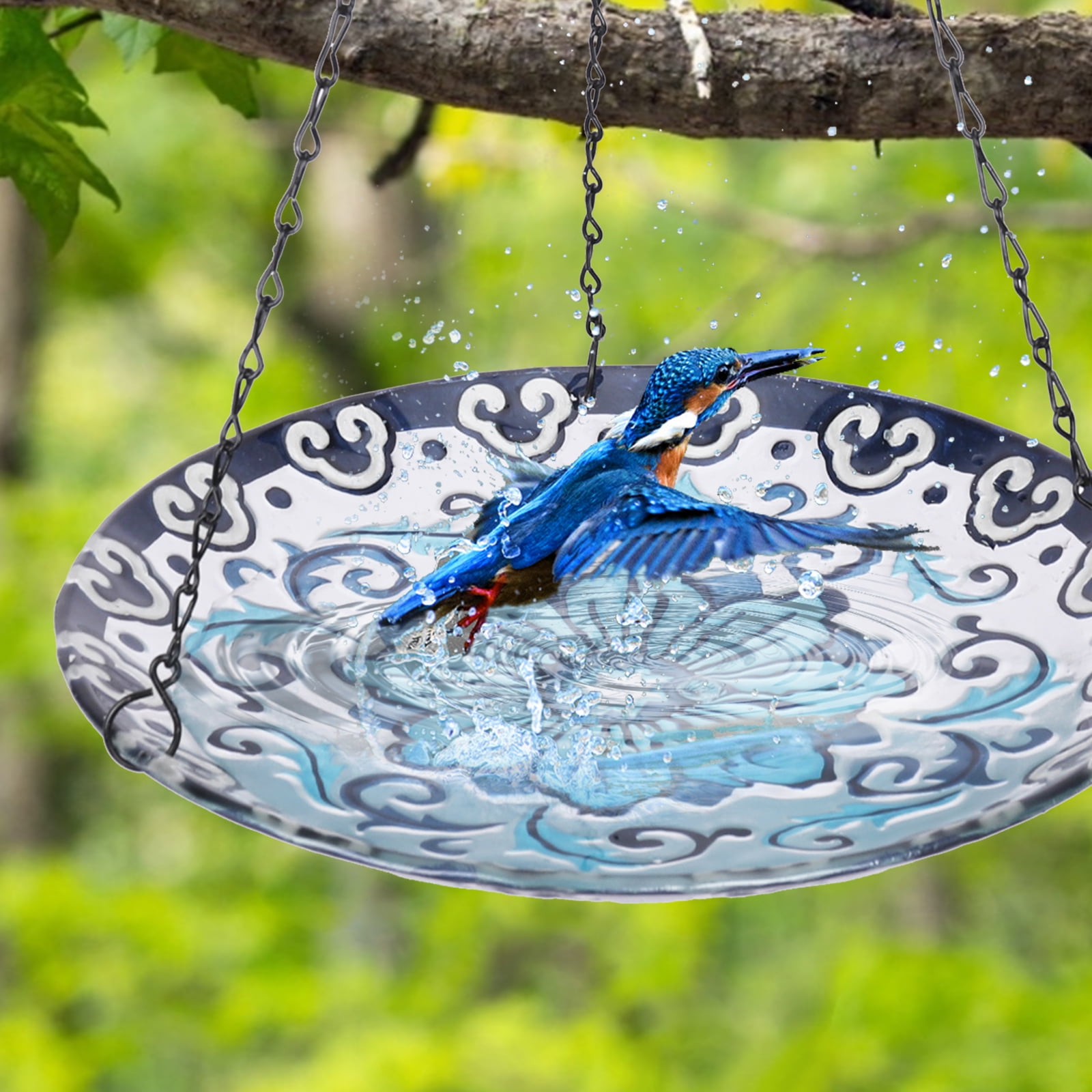 12 Inch Hanging Bird Bath & Feeder - Metal, Outdoors, Blue & White ...