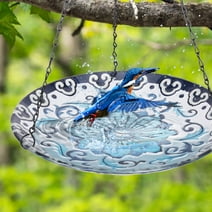 Hanging Bird Bath - Bird Baths for Outdoors, 12 Inch Glass Bird Bath Bird Feeders Blue and White Porcelain for Garden and Patio Decor