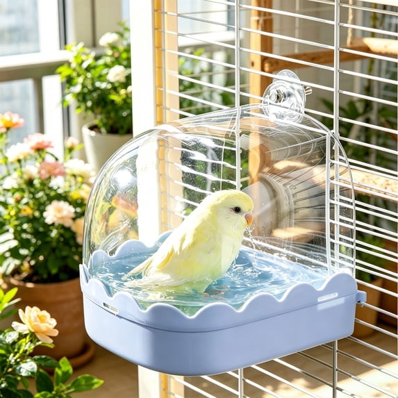 Hanging Bird Bath Box for Cage, Blue Plastic Parrot Bathtub with Splash Guard and Clear Window, 5.3x5.1x5.5 Inch Non Slip Pool for Cockatiel Budgie