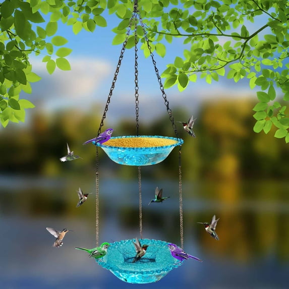 Hanging Bird Bath Feeder with Glass Bowl, Outdoor Garden Decoration for Hummingbirds and Wild Birds, Rust-Resistant Chain, Easy to Clean Birdbath for Patio Yard