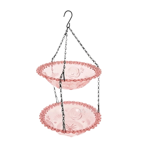 Hanging Bird Bath Feeder for Outdoors, Double Layer Tray Feeder for Wild Birds, Garden Yard Decor with Chain, Weather Resistant Bird Watching Station Pink