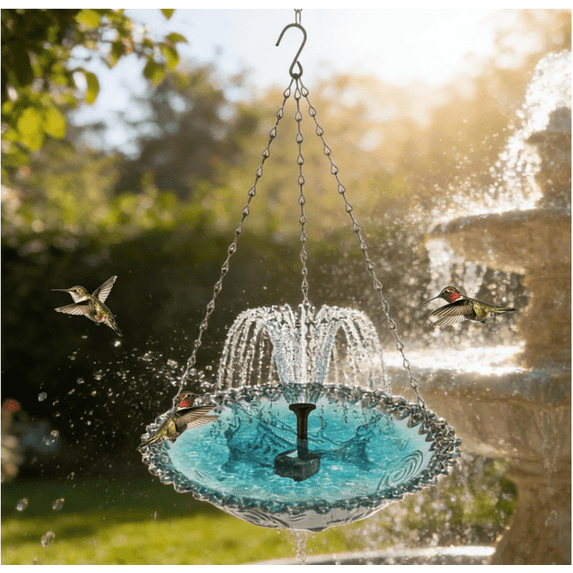 Hanging Bird Bath with Fountain Cord, Solar Powered Water Fountain with 4 Replaceable Spray Nozzles, Outdoor Bird Bath for Garden Patio Yard Attracting Birds (Gray)