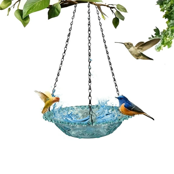 Hanging Bird Bath with Glass Bowl for Garden Patio Yard, Outdoor Hanging Birdbath Water Feature to Attract Hummingbirds & Wild Birds, Decorative Metal Garden Bird Bath,Blue