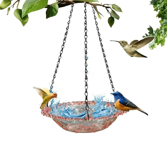 Hanging Bird Bath with Glass Bowl for Garden Patio Yard, Outdoor Hanging Birdbath Water Feature to Attract Hummingbirds & Wild Birds, Decorative Metal Garden Bird Bath,Red