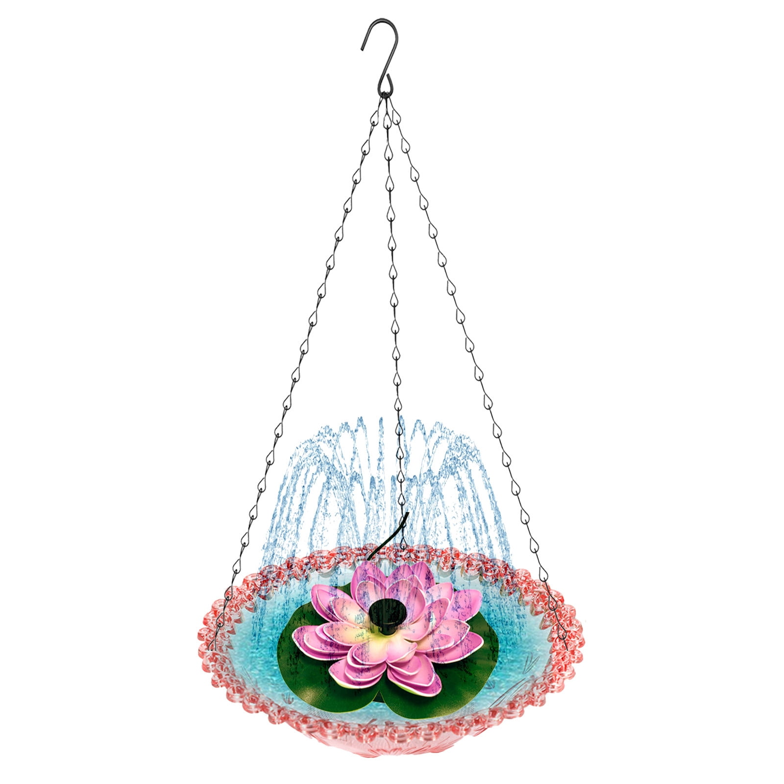 Hanging Bird Bath for Outdoors – Solar Powered Fountain Birdbath with Bubbler Pump, Decorative Metal Bowl for Hummingbirds, Garden, Patio – Lotus Design Water Feature