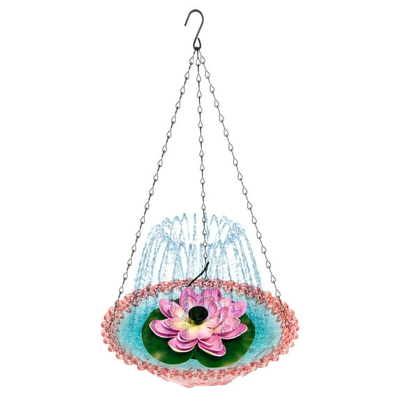 Hanging Bird Bath for Outdoors – Solar Powered Fountain Birdbath with Bubbler Pump, Decorative Metal Bowl for Hummingbirds, Garden, Patio – Lotus Design Water Feature