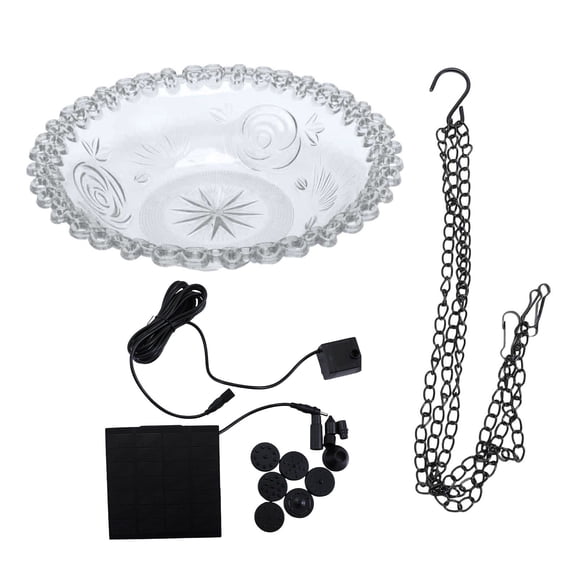 Hanging Bird Bath Set with Solar Fountain, 9" Outdoor Hanging Solar Powered Water Fountain Bird Bath Bowl for Hummingbirds, Garden Patio Lawn Decor, Includes 7 Interchangeable Nozzles for Water Flow
