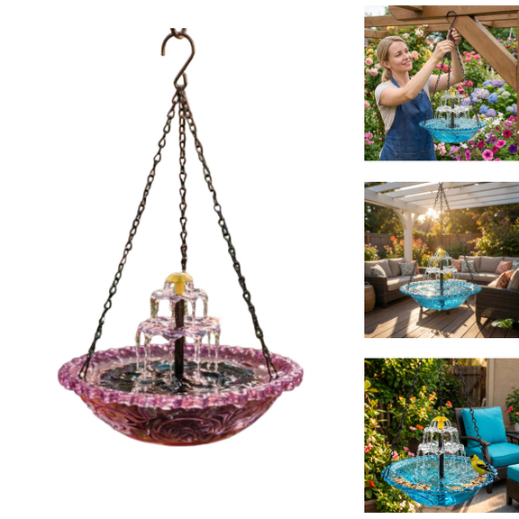Hanging Bird Bath with Solar Fountain, 9.25" Double Layer Outdoor Birdbath Fountain, Adjustable Height, Hummingbird Birdbath Fountain for Patio, Yard, Garden Decoration Purple