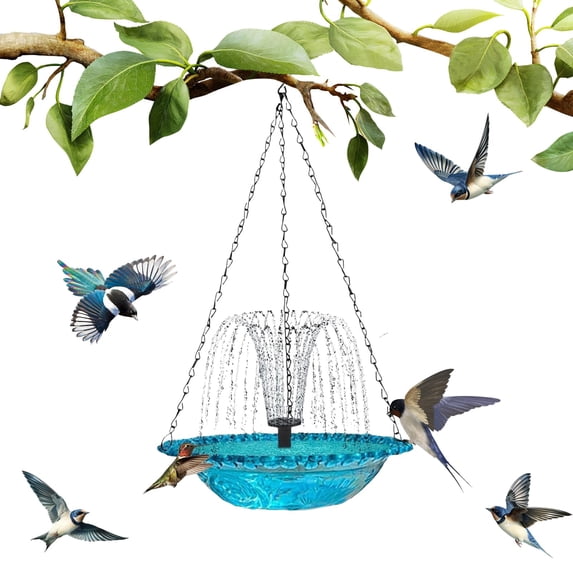 Hanging Bird Bath with Solar Fountain Outdoor Hanging Bird Bath with Solar Fountain, Large Humming Birds Baths Fountains, with Solars Pump & Glass Bowl for Outdoor, Gardens