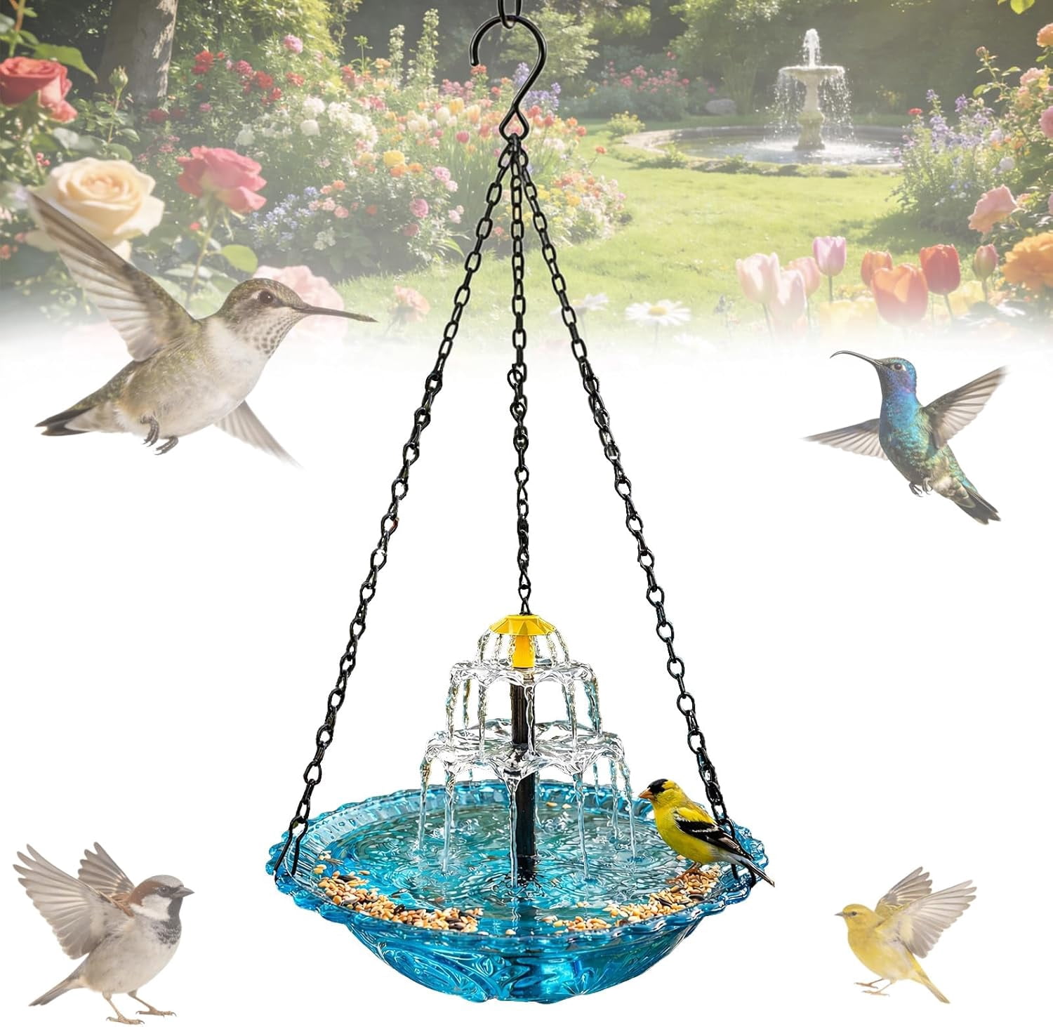 Hanging Bird Bath Solar Powered Water Fountain, 2-Tier Cascading Solar Bird Bath Fountains for Outdoor Garden, Decorative Bird Bath Fountains Solar Power (Blue)