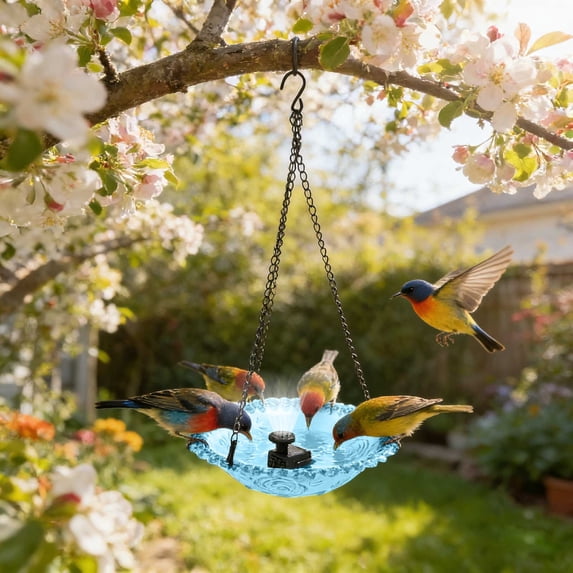 Hanging Bird Bath with Solar Water Fountain Outdoor Bird Feeder & Birdbath Combo 9.25 Inch Decorative Glass Bird Bath Bowl for Garden Balcony Patio Backyard Wild Bird Watching Use