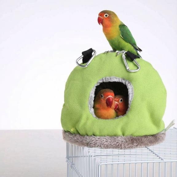 Hanging Bird Bed House for Parrots and Small Birds, Warm Plush Bird Hut with Dual Hooks, Soft Canvas Sleeping Tent for Cage Use Indoor(Green)