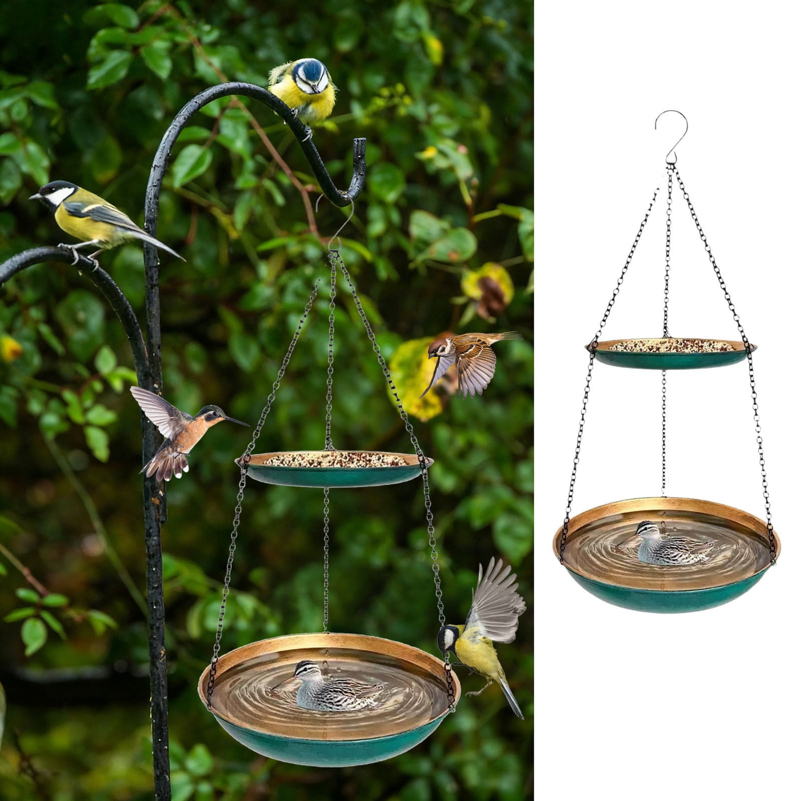Hanging Bird Feeder and Bath 2-in-1 Rust-Proof Platform Tray with Drainage Holes Multi-Functional Outdoor Wild Bird Waterer Seed Feeder for Garden Patio Yard