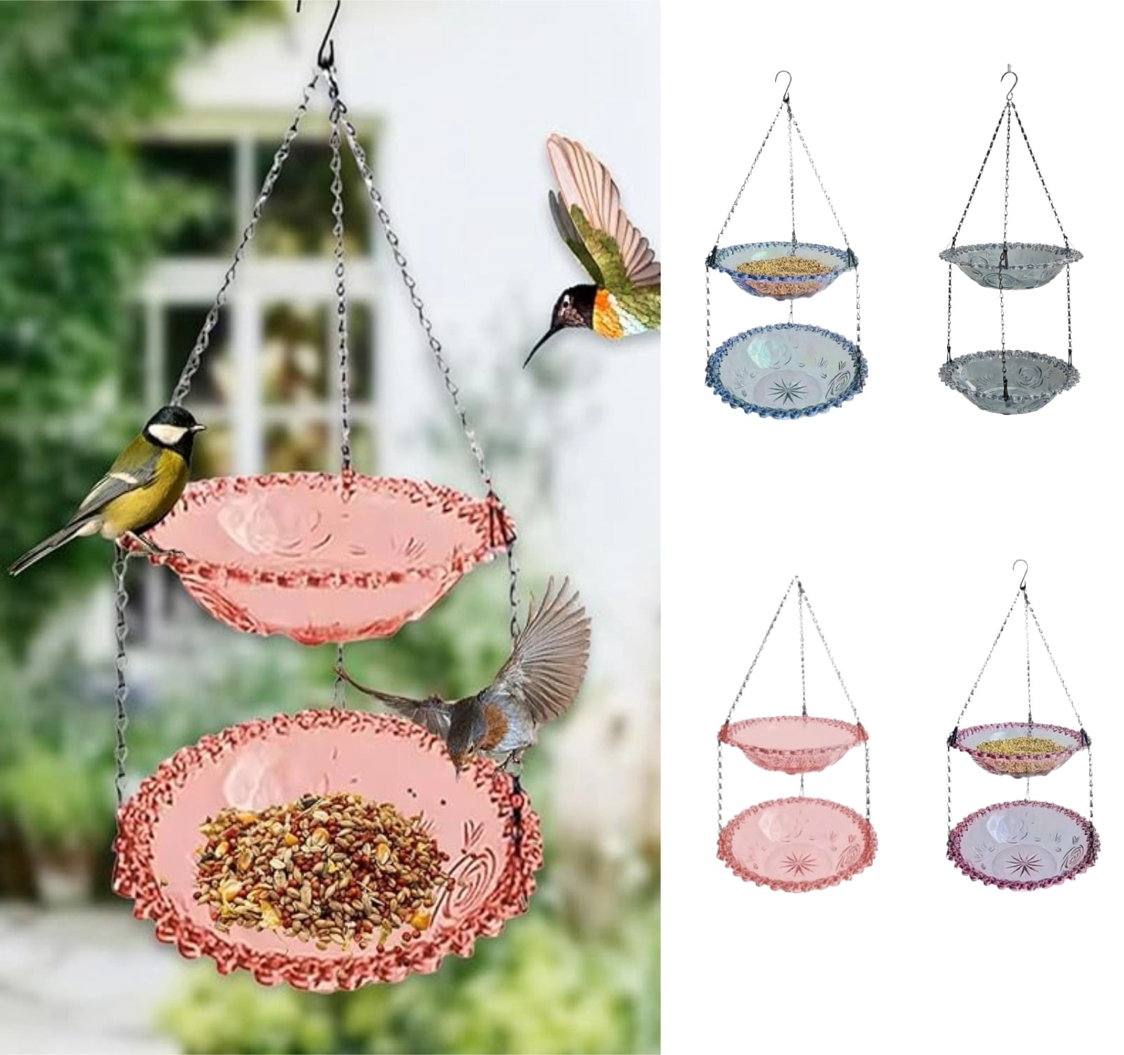 Hanging Bird Feeder Bath for Outdoors 9.25"W Double Layers Wild Bird