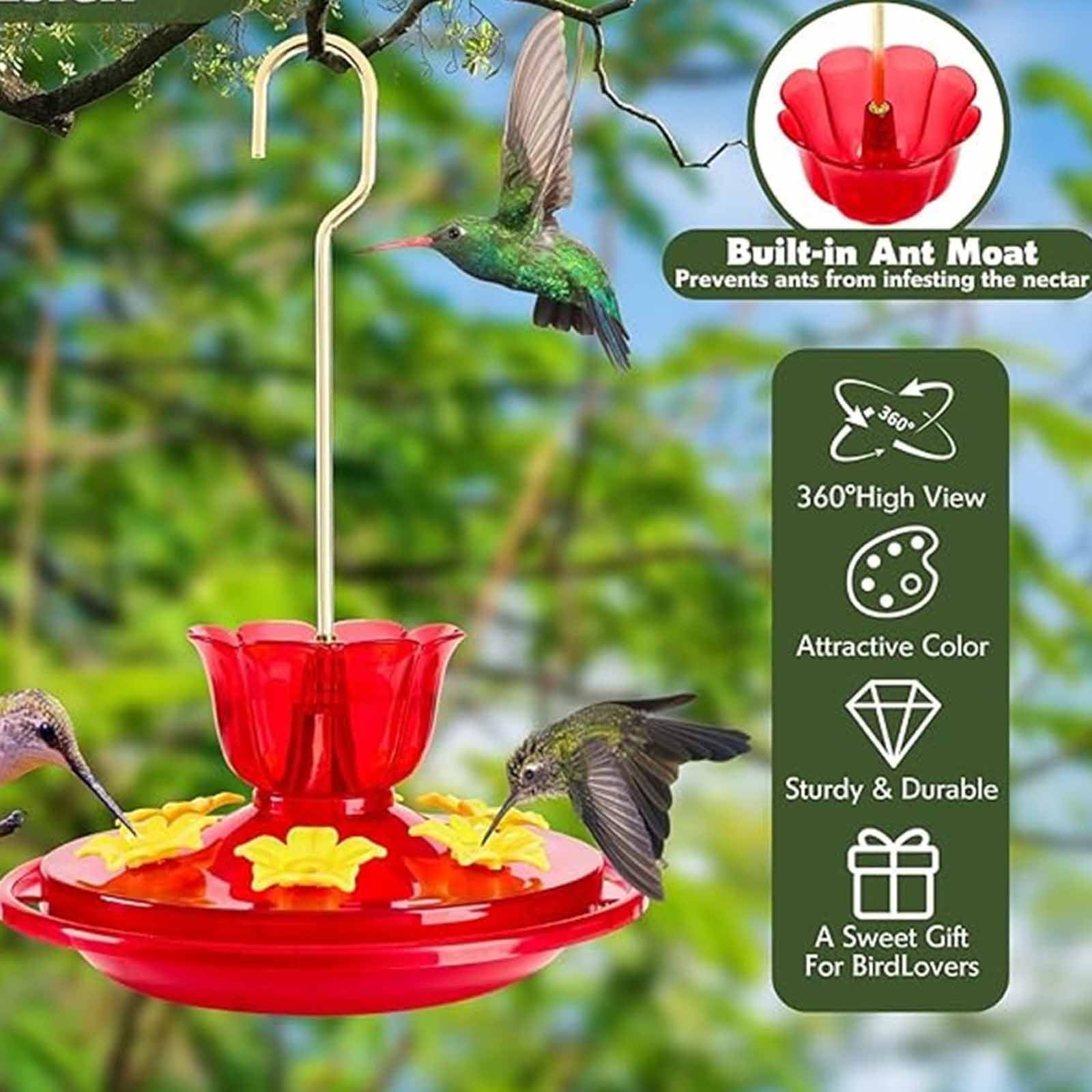 Hanging Bird Feeder with Built-in Ant Moat - Red Flower Design, 360° Perch for Easy Viewing, Durable Outdoor Garden Bird Feeder, Bird Feeder for Outdoors Hanging, Window Bird Feeder