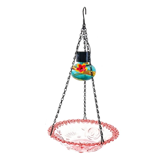 Hanging Bird Feeder with Decorative Glass Accent, Outdoor Garden Bird Water Feeding Tray with Metal Chain, Ornamental Bird Bath Feeder for Patio Backyard Decor(Red)