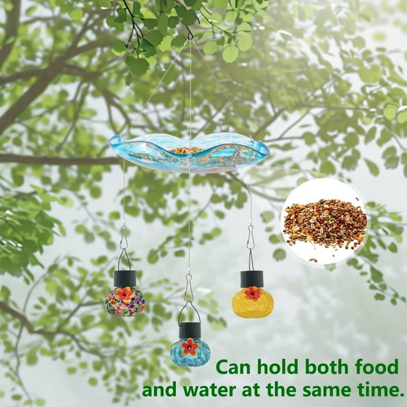 Hanging Bird Feeders for Outdoors ＆ Bird Bath ＆ Hummingbird Feeders for Outdoors 3-in-1,Hand Blown Glass Hummingbird Feeder Balls,Detachable Feeder ＆ BirdBath(11in)(Phoenix Tail Blue)