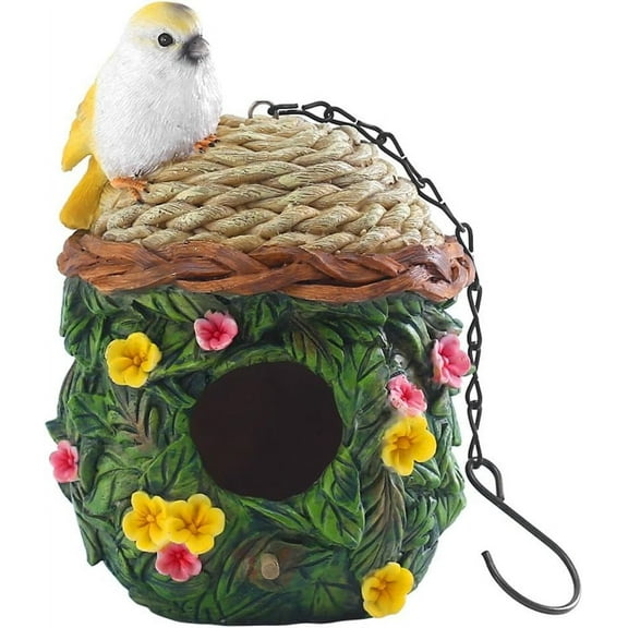 Hanging Bird House, Backyard Guest Resin Tiny House House for Bird, Yard and Garden Decoration Hand-Painted Bird Houses, Bird Playground, Gifts for Bird Lovers (Flower and Bird)