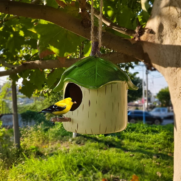 Hanging Bird House - Hand-Painted, Durable Polyresin Bird Houses for Outside - Decorative, Weather-Resistant Acorn Cottage for Garden, Deck, and Patio