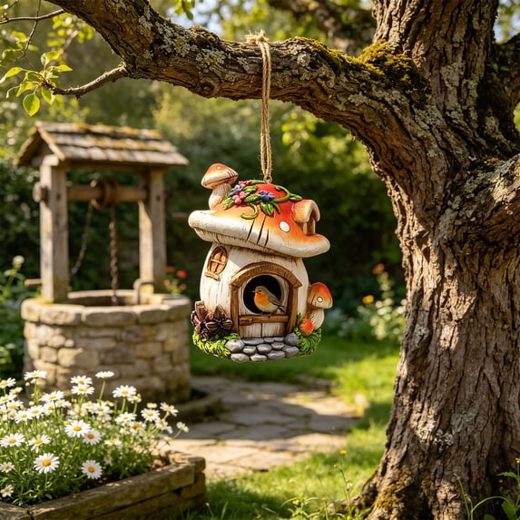 Hanging Bird House for Outdoor Garden Yard, Resin Bird Shelter for Wrens Sparrows Goldfinches, Decorative Wren Bird Home for Patio Tree Fence, 4 Season Small Bird Bed with Stainless Steel, Orange
