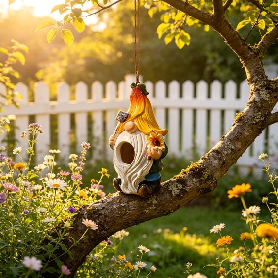Hanging Bird House for Outdoor Garden Yard, Resin Bird Shelter for Wrens Sparrows Goldfinches, Decorative Wren Bird Home for Patio Tree Fence, 4 Season Small Bird Bed with Stainless Steel, White