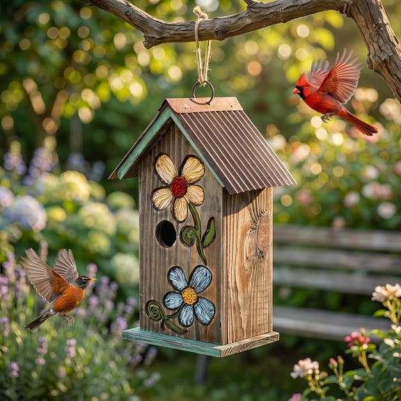 Hanging Bird House for Outside, 11" Hand-Painted Wooden Birdhouse with Floral Design, Rustic Outdoor Bird House for Bluebird, Finch, Cardinal & Wren, Garden Patio Yard Decor