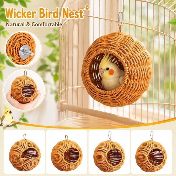 Hanging Bird Nest, Wicker Budgie House, Single-Hole Rattan Parrot Hut, 6X3.5X3.5 Inch Bird Cage Hanging Accessory, Screw-Mount Synthetic Rattan Bird Sleeping Shelter for