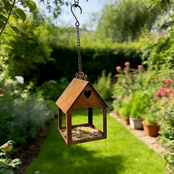 Hanging Birdhouse and Feeder 2-in-1 Vintage Rusted Finish for Outdoor Garden and Backyard