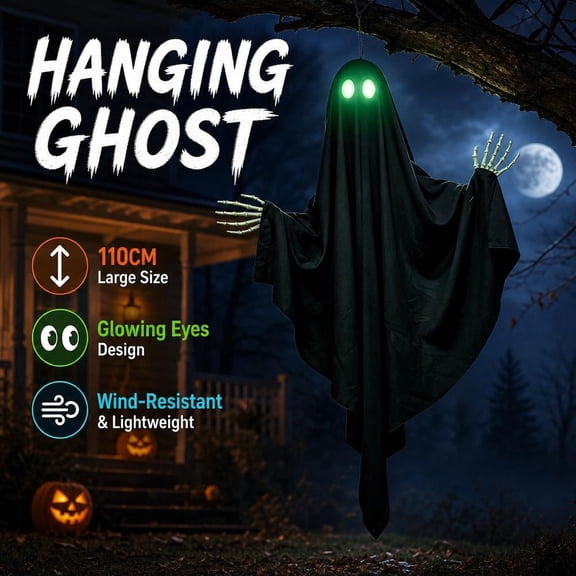 Hanging Black Ghost 40in with Luminous Glowing Eyes Fabric Spooky Skeleton Hands Decor for Yard Porch Tree Tree Outdoor Halloween Decorations