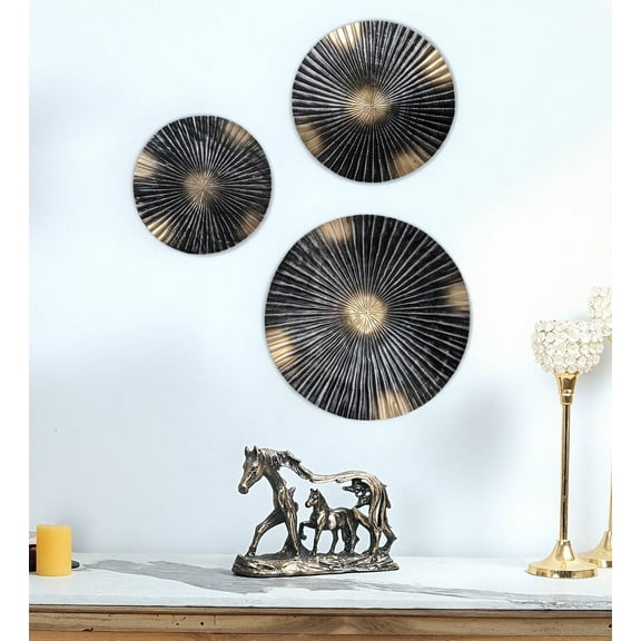 Hanging Black & Gold Ribbed Metal Circles Wall Decoration - Set of 3 Different Sizes: 12", 15", and 18" Diameter