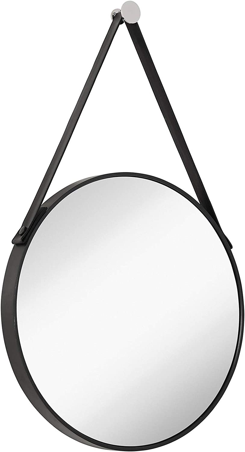 Hanging Black Leather Strap Metal Circular Wall Mirror with Chrome Accents Glass Panel Rounded
