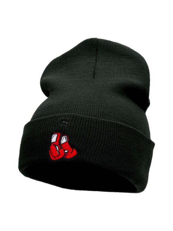 Hanging Boxing Gloves Embroidered Long Knitted Beanie - Black OSFM