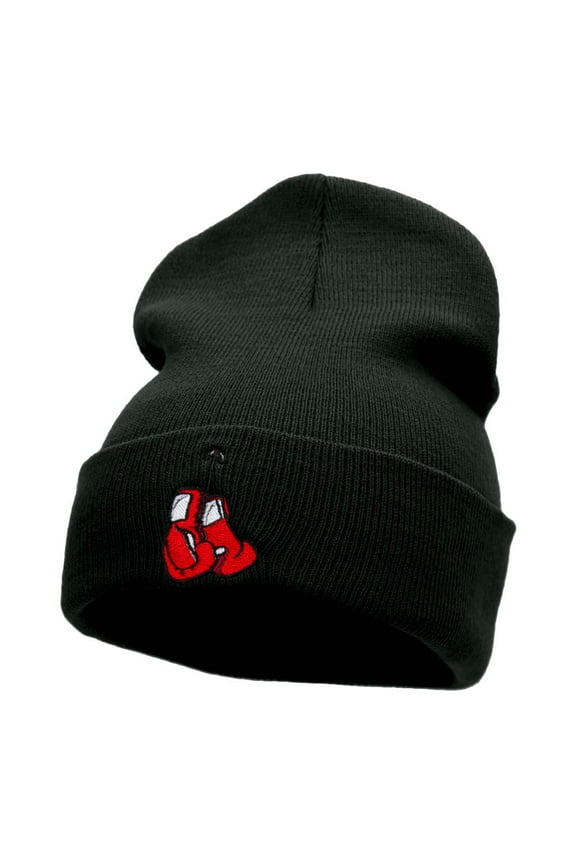 Hanging Boxing Gloves Embroidered Long Knitted Beanie - Black OSFM