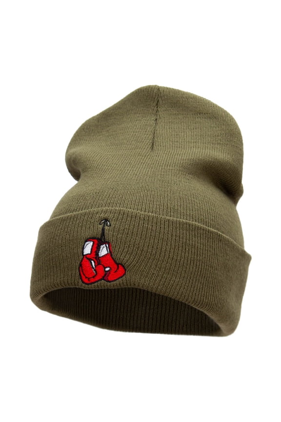 Hanging Boxing Gloves Embroidered Long Knitted Beanie - Olive OSFM